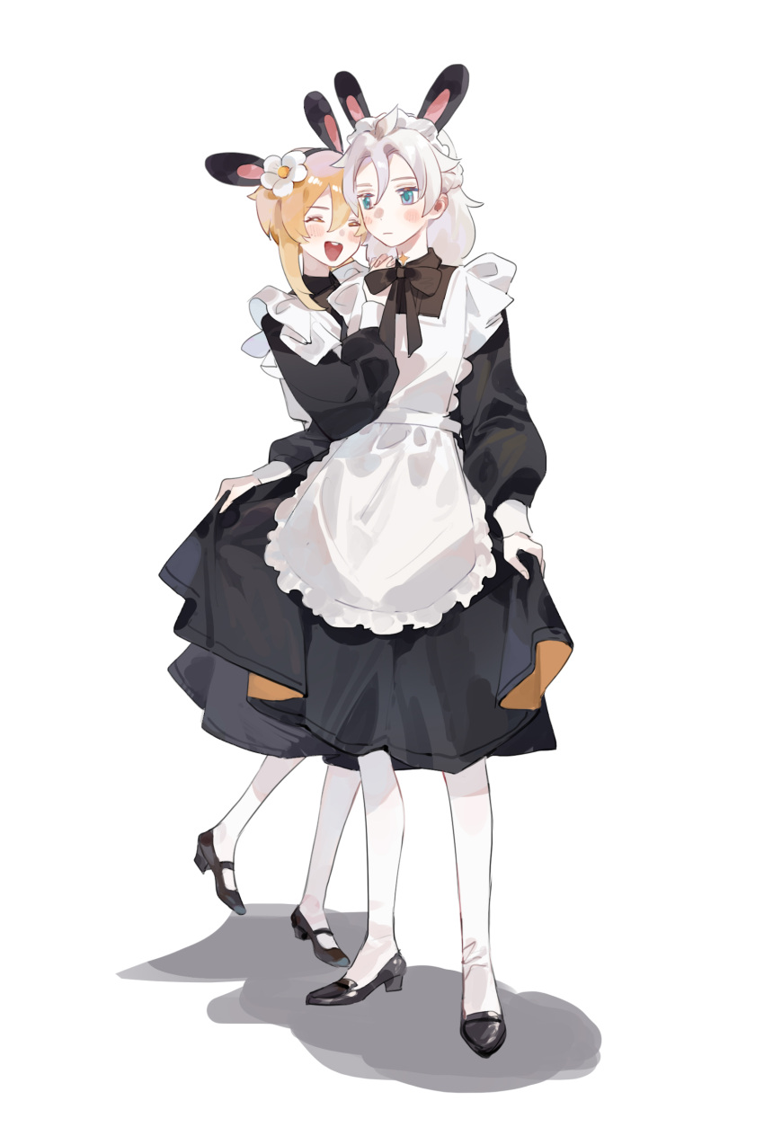 1boy 1girl absurdres albedo_(genshin_impact) animal_ears apron black_dress black_footwear black_neckwear blonde_hair blue_eyes blush bow bowtie chajott64 chinese_commentary closed_eyes closed_mouth commentary_request crossdressing dress fake_animal_ears flower full_body genshin_impact hair_flower hair_ornament hands_on_another's_shoulder highres long_hair long_sleeves lumine_(genshin_impact) maid maid_apron maid_headdress open_mouth otoko_no_ko pantyhose rabbit_ears shadow shoes simple_background skirt_hold smile standing standing_on_one_leg white_apron white_background white_flower white_hair white_legwear