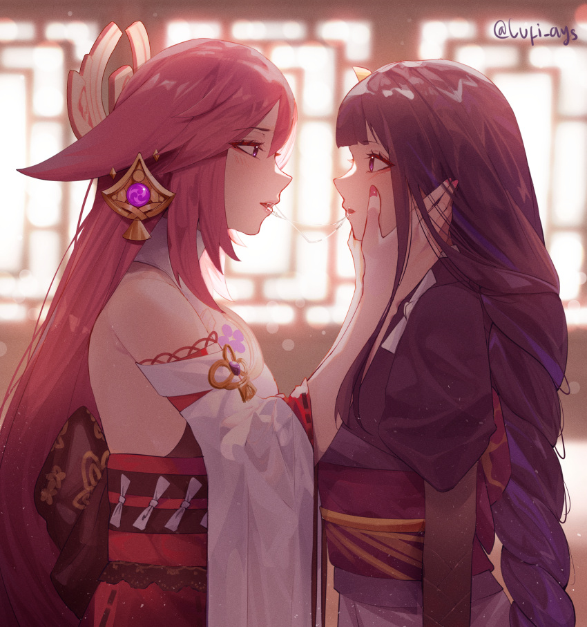2girls absurdres after_kiss artist_name assertive_female bangs bare_shoulders blunt_bangs blush bow bowtie braid eye_contact face-to-face from_side genshin_impact hair_ornament hands_on_another's_face highres huge_filesize japanese_clothes kimono long_hair looking_at_another lufi_ays miko multiple_girls open_mouth pink_hair purple_hair raiden_shogun saliva saliva_trail violet_eyes wide_sleeves yae_(genshin_impact) yukata yuri