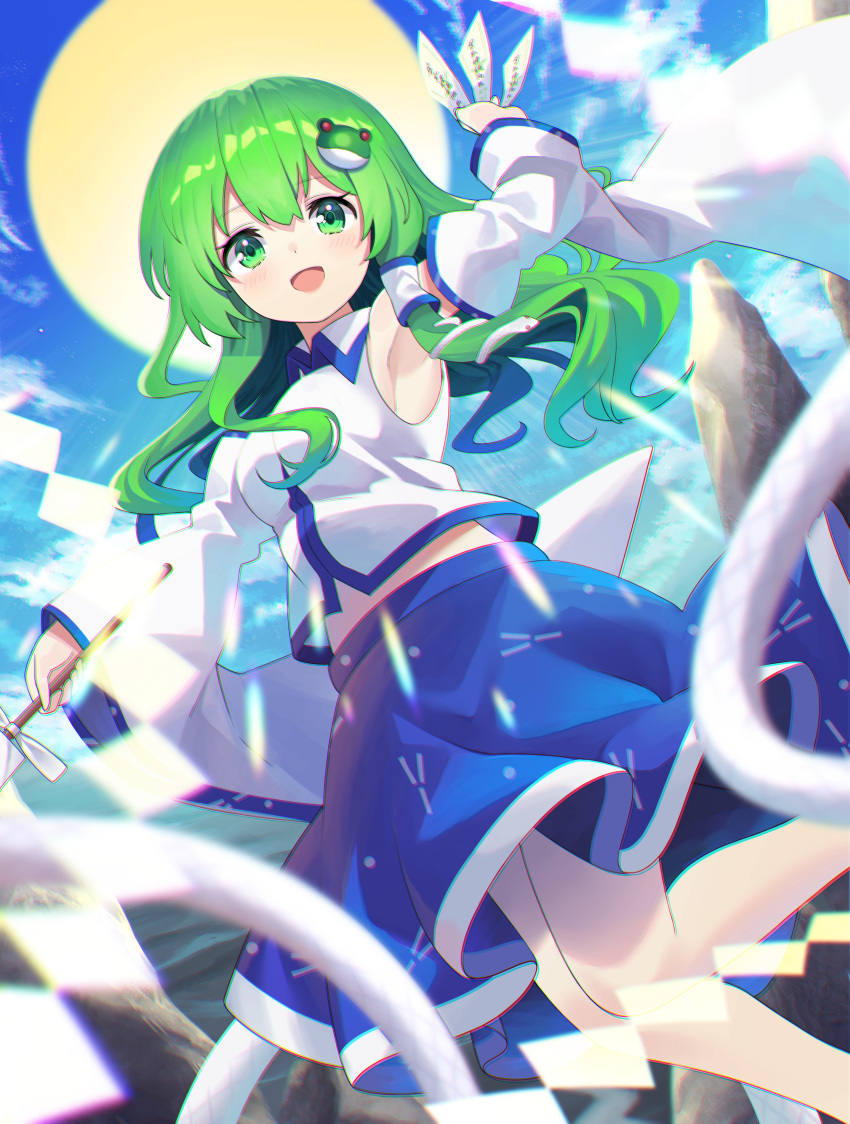 1girl absurdres armpits between_fingers blue_skirt blue_sky blush breasts clouds cloudy_sky collared_shirt detached_sleeves eyebrows_visible_through_hair frog_hair_ornament gohei green_eyes green_hair hair_between_eyes hair_ornament highres kochiya_sanae large_breasts long_hair long_sleeves nontraditional_miko ofuda open_mouth rope shimenawa shirt skirt sky snake_hair_ornament solo touhou white_shirt yuujin_(yuzinn333)