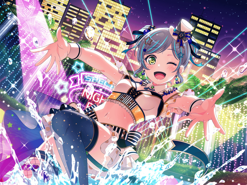 1girl asahi_rokka bang_dream! blue_hair blush green_eyes light lock_(bang_dream!) long_hair night official_art pool smile splashing star_(sky) swimsuit wink