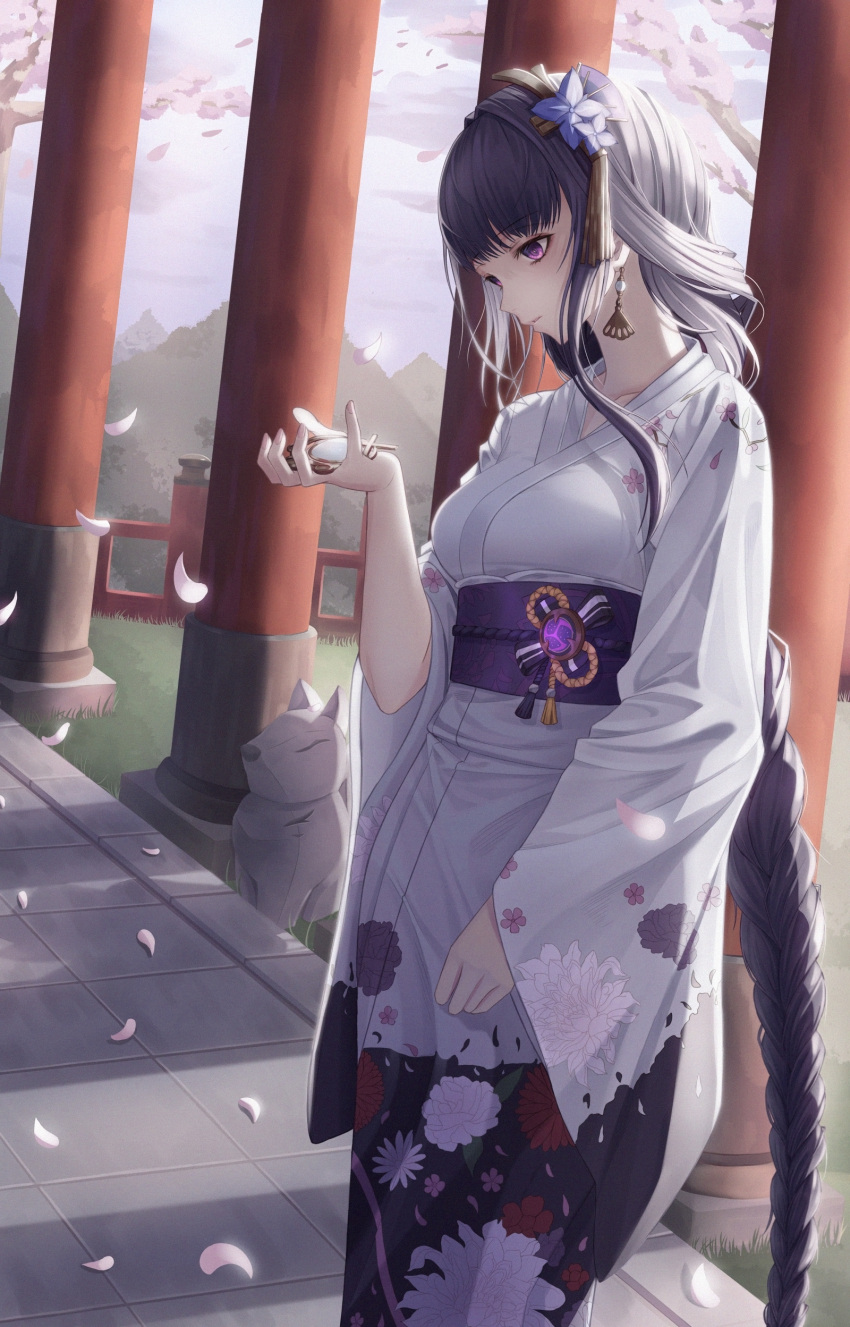 1girl absurdres bangs braid breasts cherry_blossoms commentary day earrings english_commentary falling_petals floral_print flower genshin_impact hair_ornament highres holding japanese_clothes jewelry kimono large_breasts long_hair long_sleeves obi obiage obijime parted_lips petals purple_flower purple_hair raiden_shogun sash slime_nyang solo tassel violet_eyes vision_(genshin_impact) wide_sleeves