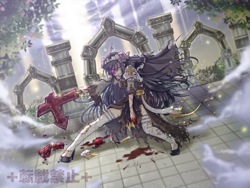 1girl arch_bishop_(ragnarok_online) black_dress black_hair blood blood_on_arm blood_splatter breasts broken bush commentary_request cross dress dust_cloud dutch_angle frilled_legwear full_body glowing glowing_eyes grin hair_over_one_eye holding holding_cross juliet_sleeves large_cross light_rays long_hair long_sleeves looking_at_viewer medium_breasts pink_eyes puffy_sleeves ragnarok_online ruins sash shiny shiny_skin smile solo sunbeam sunlight tanono thigh-highs torn_clothes torn_dress torn_legwear torn_sleeves tree two-tone_dress very_long_hair white_dress white_legwear yellow_sash