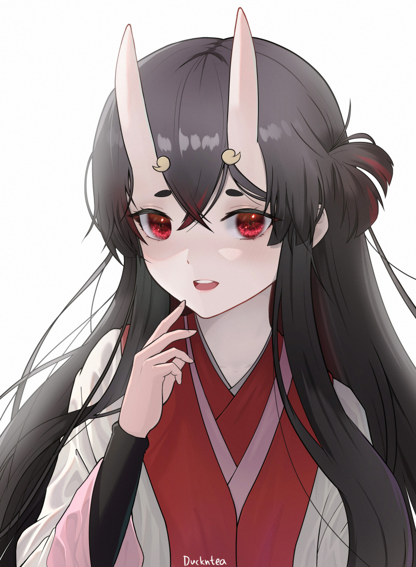 1girl absurdres artist_name bangs black_hair chiyo_(genshin_impact) commentary crossed_bangs duckntea english_commentary genshin_impact highres horns japanese_clothes kimono long_hair long_sleeves looking_at_viewer multicolored_hair oni oni_horns open_mouth red_eyes redhead simple_background solo white_background