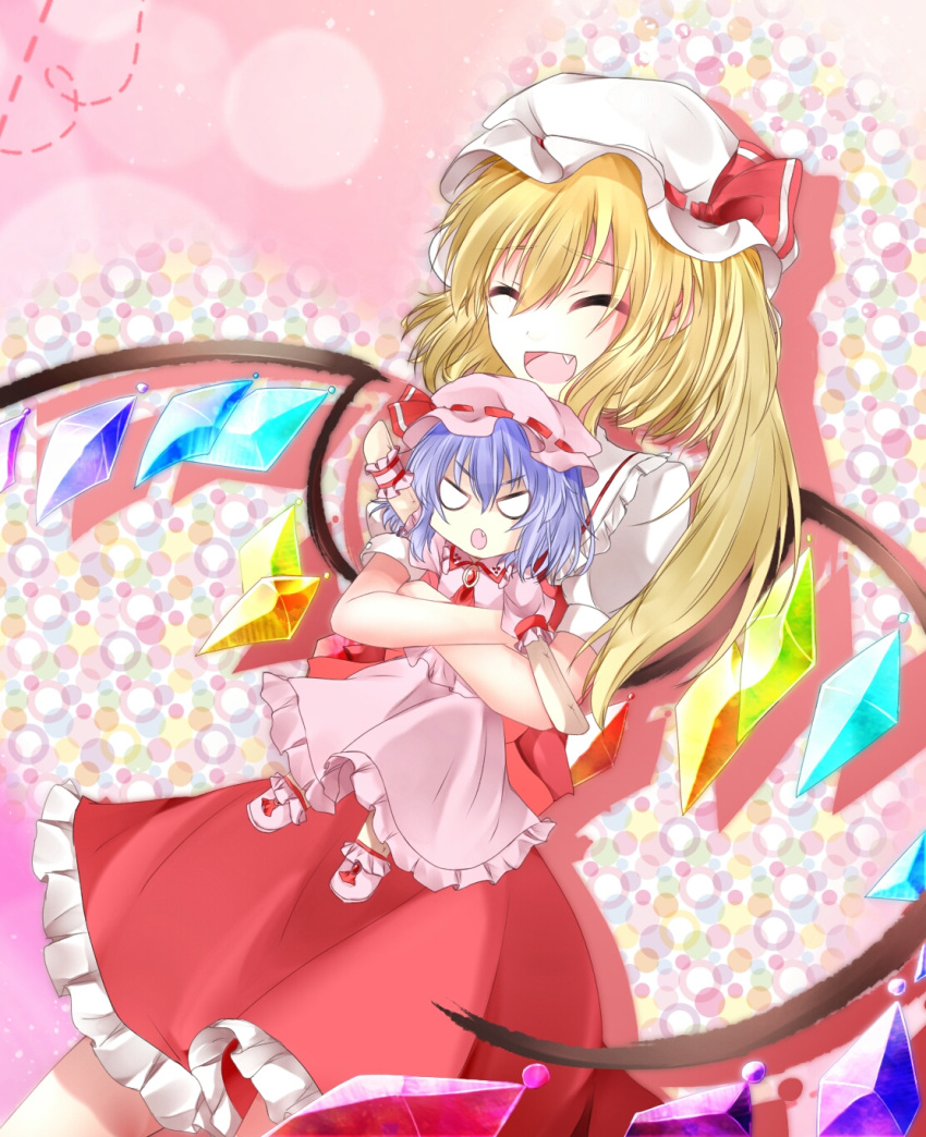 2girls arm_up ascot bangs blonde_hair boots closed_eyes collar collared_dress crystal dress eyebrows_visible_through_hair flandre_scarlet gem hair_between_eyes hand_up hat hat_ribbon highres hug jewelry mob_cap multicolored multicolored_wings multiple_girls one_side_up open_mouth pink_dress pink_footwear pink_headwear pink_sleeves puffy_short_sleeves puffy_sleeves red_dress red_neckwear red_ribbon remilia_scarlet ribbon shirt short_hair short_sleeves smile touhou user_eajm3443 white_eyes white_headwear white_shirt white_sleeves wings yellow_neckwear