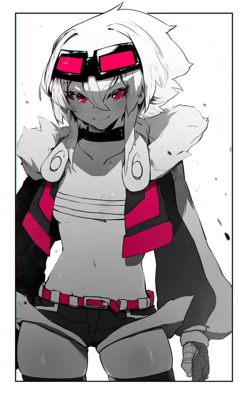 1girl absurdres bandaged_arm bandages belt blush border breasts choker closed_mouth cowboy_shot goggles goggles_on_head highres jacket looking_at_viewer medium_hair micro_shorts niwamaru_(niwarhythm) niwarhythm open_clothes open_jacket original red_eyes shorts sidelocks skindentation small_breasts smile solo standing strapless thigh-highs tube_top under_boob white_border