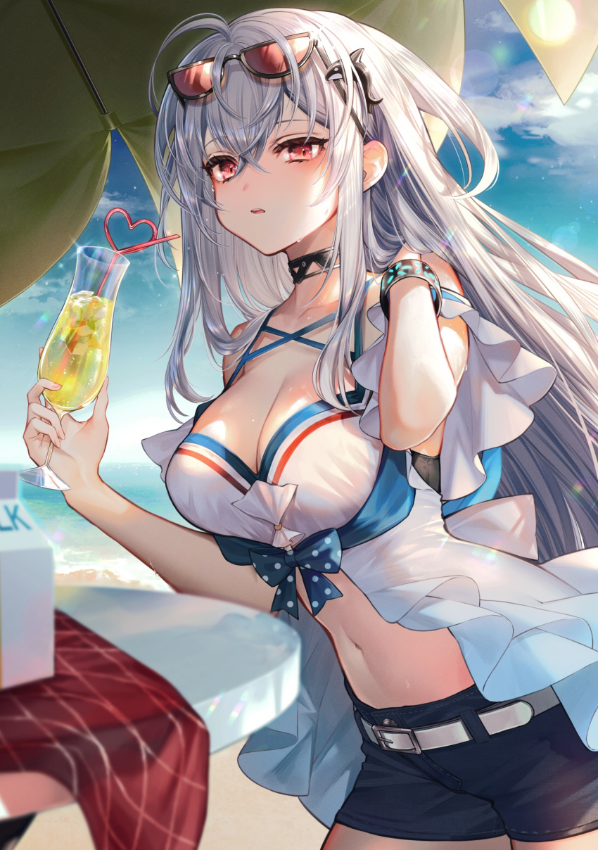 1girl ahoge arknights bangs bare_shoulders belt black_choker black_shorts blue_sky breasts choker commentary cowboy_shot cup day drinking_glass drinking_straw eyewear_on_head hair_between_eyes hair_ornament highres holding holding_cup large_breasts long_hair looking_at_viewer navel no_hat no_headwear orca_hair_ornament outdoors parted_lips red_eyes short_shorts shorts silver_hair skadi_(arknights) skadi_(waverider)_(arknights) sky solo standing stomach sunglasses tarutaru_yamaoka white_belt