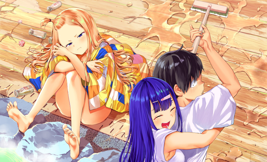1boy 2girls absurdres arm_support bare_legs barefoot black_hair blonde_hair blue_hair blush bottle breasts broom character_request closed_mouth convenient_leg copyright_request embarrassed grin hair_bun hair_ornament hairclip half_updo hand_on_own_cheek hand_on_own_face hand_on_own_head happy highres hug hug_from_behind knees_to_chest knees_together_feet_apart long_hair looking_at_viewer milk_bottle multiple_girls onsen open_mouth original pout rock shirt short_hair sideboob sidelocks smile straight_hair tied_hair topknot tsumuji_magari_x_spring upper_body violet_eyes water wet white_shirt wide-eyed wooden_floor yumeno_tanuki