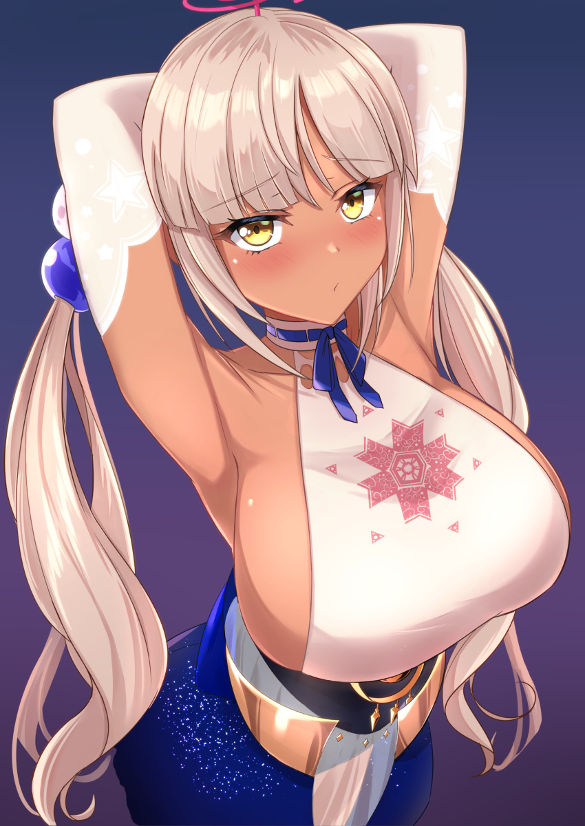 1girl absurdres armpits arms_behind_head arms_up bangs blue_neckwear blunt_bangs blush breasts elbow_gloves eyebrows_visible_through_hair gloves gradient gradient_background heckler_kai highres hololive hololive_english large_breasts leotard light_brown_hair limiter_(tsukumo_sana) long_hair looking_at_viewer low_twintails neck_ribbon ribbon see-through see-through_skirt sideboob skirt solo star_(symbol) star_print tsukumo_sana twintails virtual_youtuber white_gloves yellow_eyes