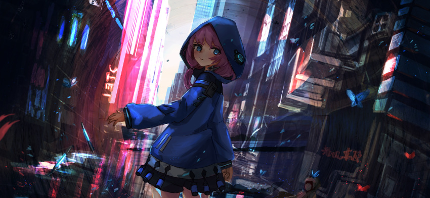 1girl absurdres arknights bangs black_shorts blue_eyes blue_jacket blue_poison_(arknights) bug building butterfly city commentary cowboy_shot dart from_behind hair_between_eyes highres hood hood_up hooded_jacket huge_filesize jacket long_hair long_sleeves looking_at_viewer looking_back low_twintails outdoors parted_lips pink_hair shirt shorts solo tibaya8 twintails weapon white_shirt