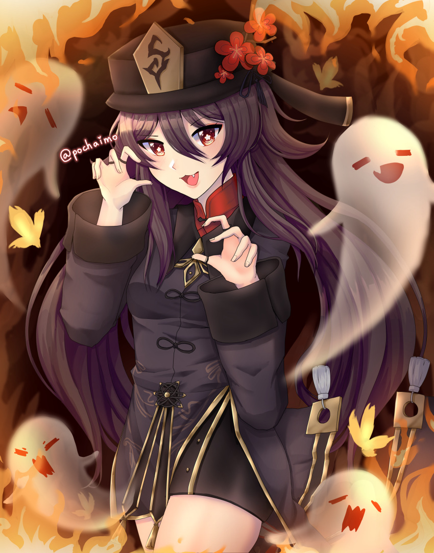 1girl :3 :d absurdres bangs black_hair black_shorts chinese_clothes commentary_request eyebrows_visible_through_hair fang flower genshin_impact ghost ghost_pose hair_between_eyes hat hat_flower hat_ornament highres hu_tao_(genshin_impact) jewelry long_hair long_sleeves looking_at_viewer open_mouth pochaimo red_eyes ring shorts sidelocks smile symbol-shaped_pupils twintails twitter_username
