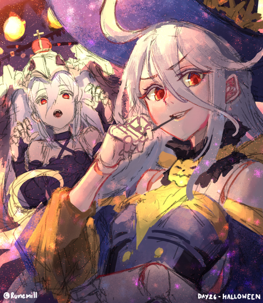 2girls ahoge commentary crown doll_joints dress english_commentary granblue_fantasy grey_hair grin hair_between_eyes hand_up hat highres joints looking_at_viewer multiple_girls open_mouth orchis purple_dress purple_headwear red_eyes runemill shadowverse shingeki_no_bahamut sketch smile twitter_username zwei_(bahamut)