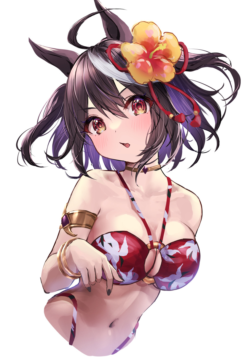 1girl absurdres ahoge animal_ears armlet bikini black_hair blush bracelet breasts choker collarbone commentary_request flower hair_flower hair_ornament highres horse_ears horse_girl jewelry kitasan_black_(umamusume) looking_at_viewer medium_breasts misekiss multicolored_hair navel o-ring o-ring_bikini o-ring_top open_mouth print_bikini red_bikini red_eyes short_hair simple_background solo streaked_hair swimsuit umamusume upper_body white_background white_hair yellow_choker