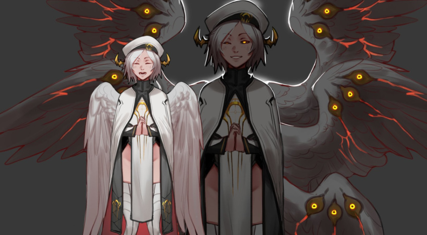 1girl :d angel_wings beret black_sclera cloak closed_eyes colored_sclera commentary english_commentary extra_eyes facing_viewer feathered_wings glowing glowing_eyes grey_hair hands_clasped hat highres horns less long_sleeves looking_at_viewer multiple_wings no_panties one_eye_closed open_mouth orange_eyes original own_hands_together parted_lips pelvic_curtain robe seraph short_hair smile thigh-highs white_wings wings zoom_layer