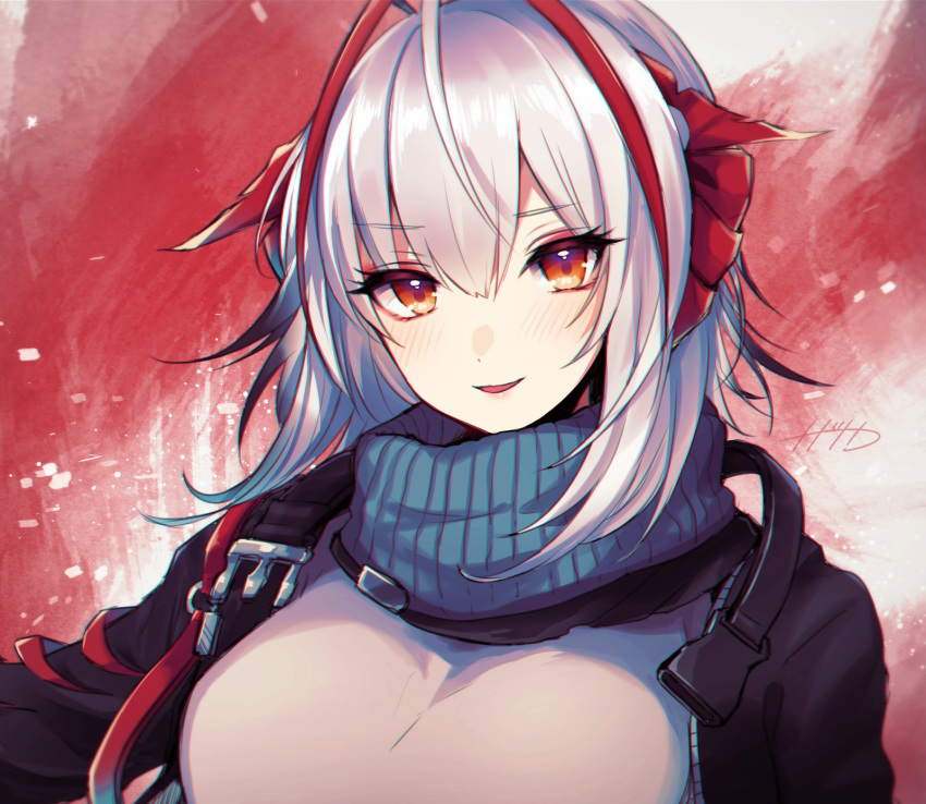 1girl ahoge arknights black_jacket black_scarf buckle commentary demon_horns eyebrows_visible_through_hair grey_hair grey_shirt highres horns jacket light_blush looking_at_viewer nanatsuka open_clothes open_jacket open_mouth portrait red_background red_eyes scarf shirt short_hair solo w_(arknights)