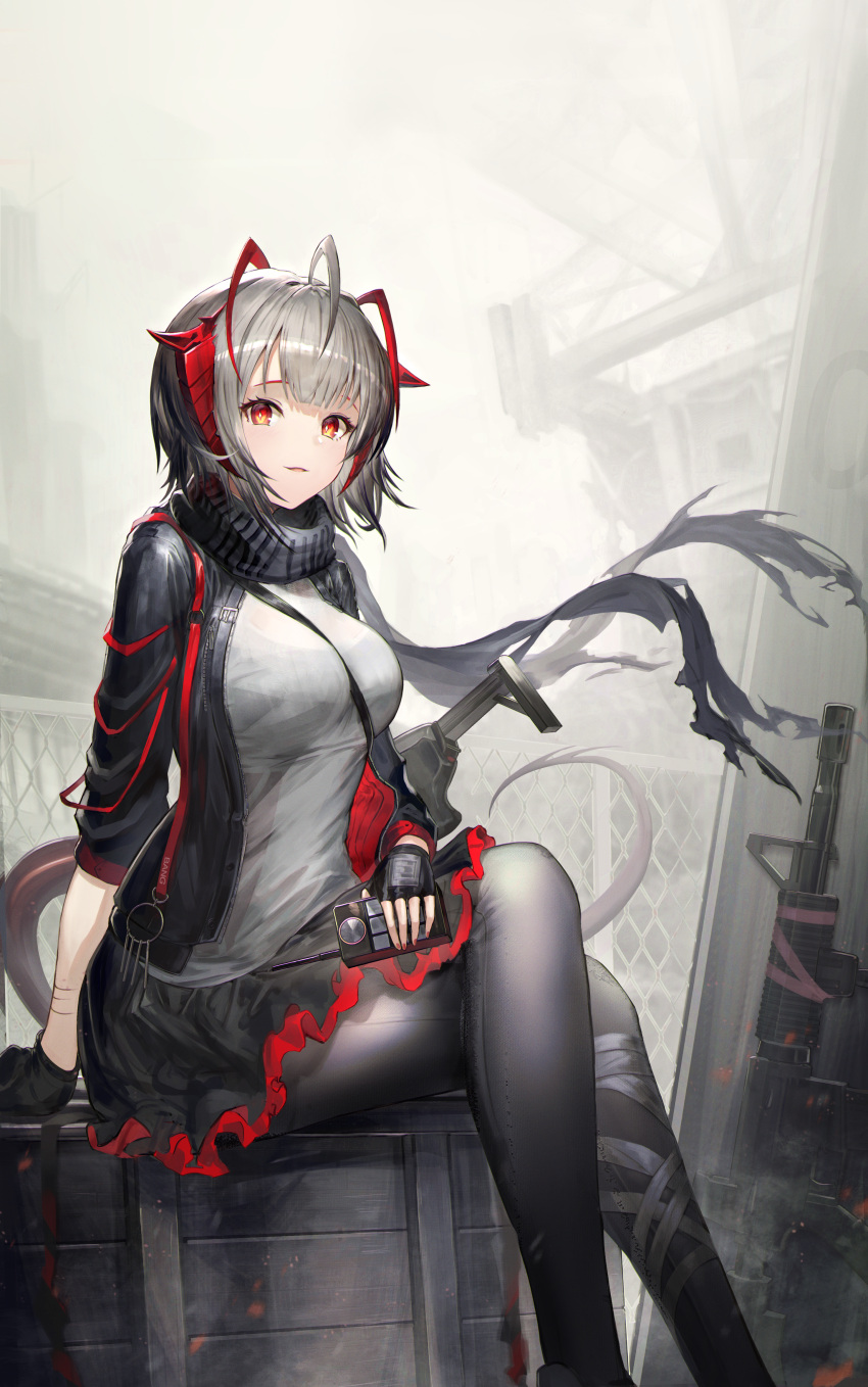 1girl absurdres arknights arm_behind_back bangs between_breasts black_gloves black_hair black_jacket black_legwear black_scarf black_skirt breasts commentary crate crossed_legs demon_girl demon_horns demon_tail feet_out_of_frame fingerless_gloves fog gloves gradient_hair grey_shirt gun highres holding horns huge_filesize injury jacket large_breasts long_sleeves looking_at_viewer miniskirt multicolored_hair open_clothes open_jacket outdoors pantyhose parted_lips red_eyes redhead scarf shirt short_hair silver_hair sitting skirt solo tail taku57 w_(arknights) weapon