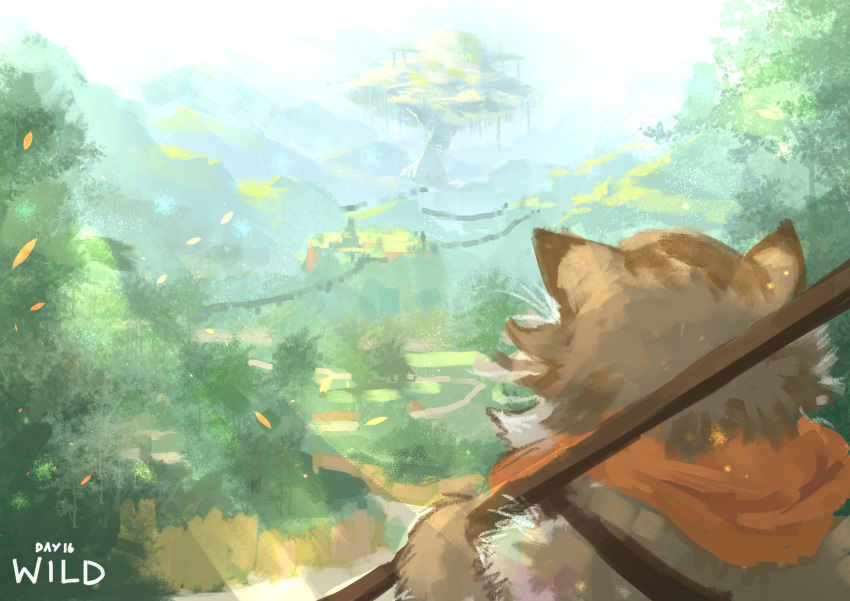 animal_ears commentary english_commentary forest from_behind furry green_theme highres holding meowskers nature outdoors runemill scenery shadowverse sketch tree