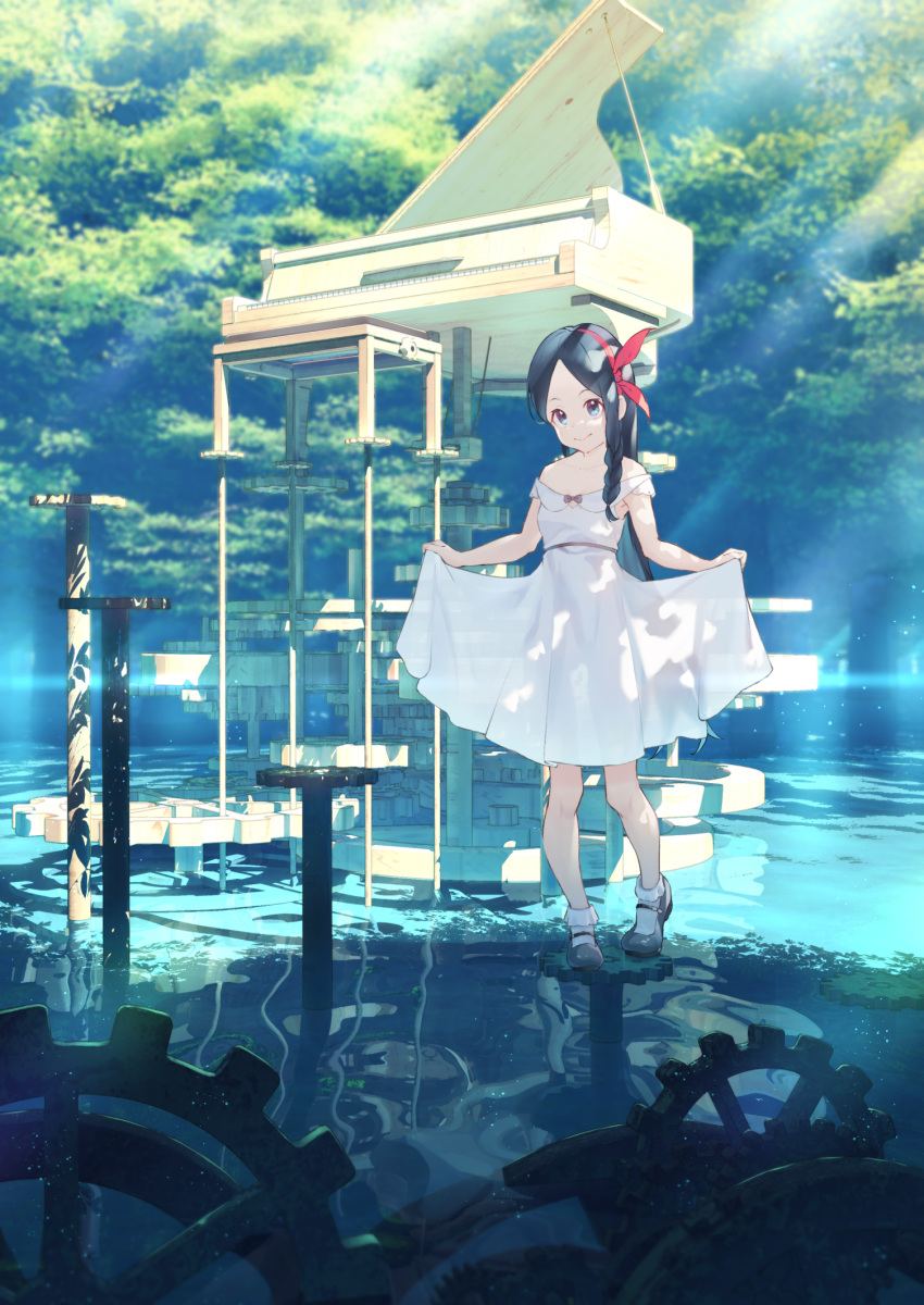 1girl akausuko black_footwear black_hair blue_eyes bow braid clothes_lift commentary_request dress dress_lift gears hair_bow highres instrument lifted_by_self light_rays loafers long_hair original piano piano_bench reflection reflective_water scenery shoes smile socks solo strapless strapless_dress sunbeam sundress sunlight surreal tree water white_dress white_legwear