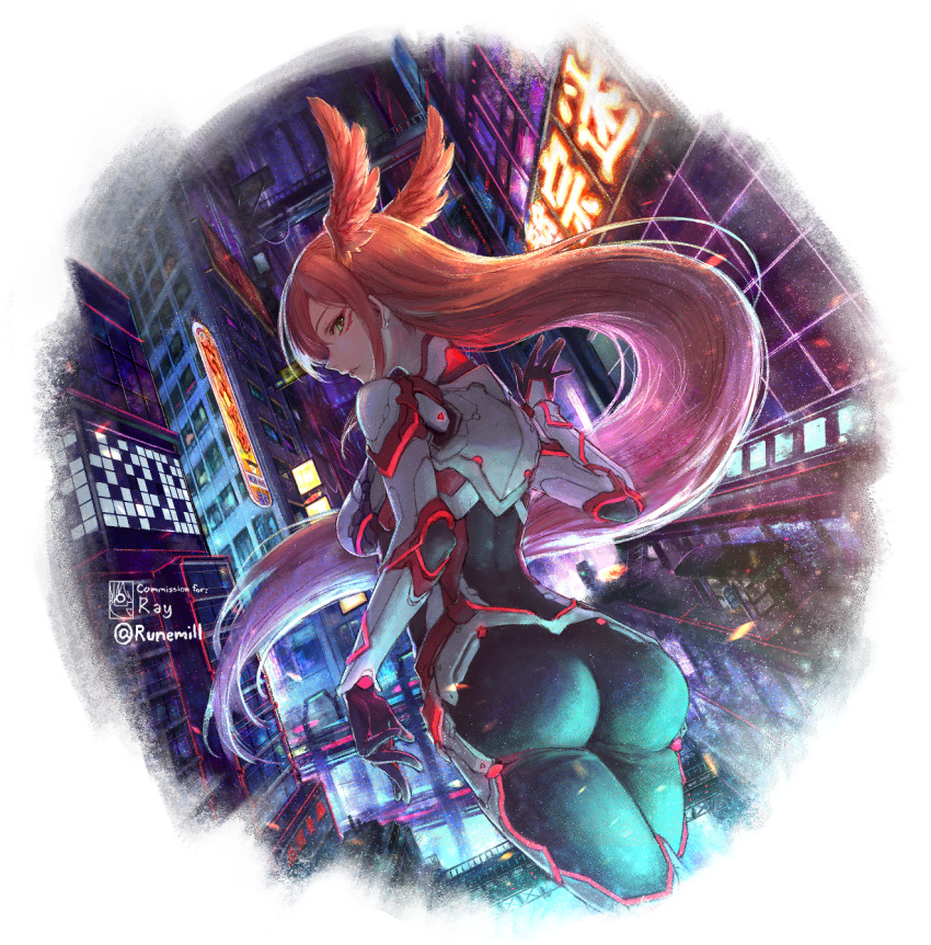 1girl armor ass bodysuit building cityscape closed_mouth commission cyberpunk floating_hair from_behind green_bodysuit green_eyes head_wings highres long_hair looking_at_viewer looking_back neon_lights night original runemill science_fiction sideways_glance skyscraper solo standing transparent_background twitter_username
