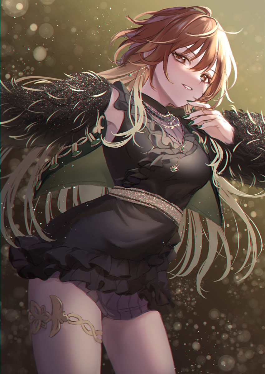 1girl aketa_mikoto anoa bangs black_dress breasts brown_eyes brown_hair commentary_request cropped_jacket dress eyebrows_visible_through_hair frilled_dress frills fur glint green_jacket green_nails hair_between_eyes highres idolmaster idolmaster_shiny_colors jacket jewelry long_hair long_sleeves looking_at_viewer medium_breasts nail_polish necklace open_clothes open_jacket parted_lips pendant sleeveless sleeveless_dress sleeves_past_wrists smile thighlet very_long_hair