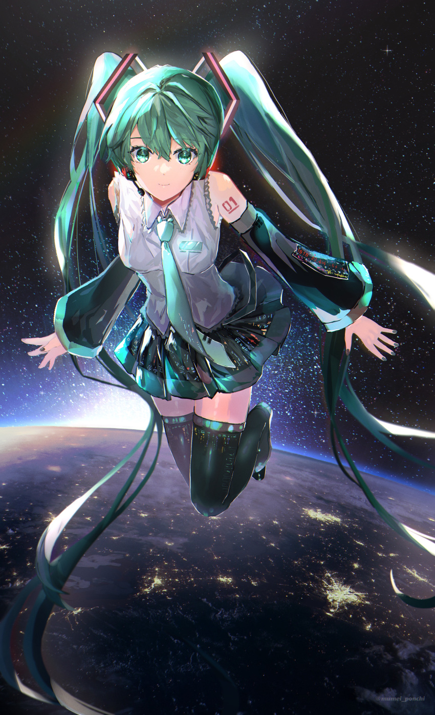 1girl absurdly_long_hair absurdres aqua_eyes aqua_hair aqua_nails aqua_neckwear bare_shoulders black_legwear black_skirt black_sleeves bloom boots city_lights commentary detached_sleeves earth_(planet) floating full_body grey_shirt hair_ornament hatsune_miku headphones headset highres huge_filesize long_hair looking_at_viewer miniskirt mumei_ponchi nail_polish necktie planet pleated_skirt shirt shoulder_tattoo skirt sky sleeveless sleeveless_shirt smile solo space star_(sky) starry_sky tattoo thigh-highs thigh_boots twintails very_long_hair vocaloid zettai_ryouiki