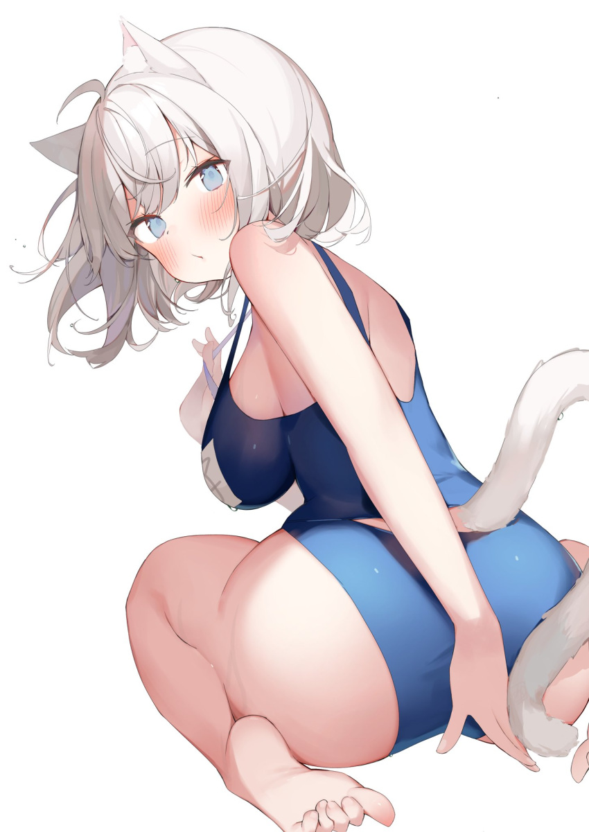 1girl ahoge animal_ear_fluff animal_ears ass bangs bare_arms bare_legs barefoot blue_eyes blue_swimsuit blush breasts cat_ears cat_girl cat_tail clothing_cutout commentary_request eyebrows_visible_through_hair from_behind hand_up highres large_breasts looking_at_viewer looking_back one-piece_swimsuit original parted_lips short_hair silver_hair simple_background sinnop10 sitting solo strap_lift swimsuit tail tail_cutout wariza white_background