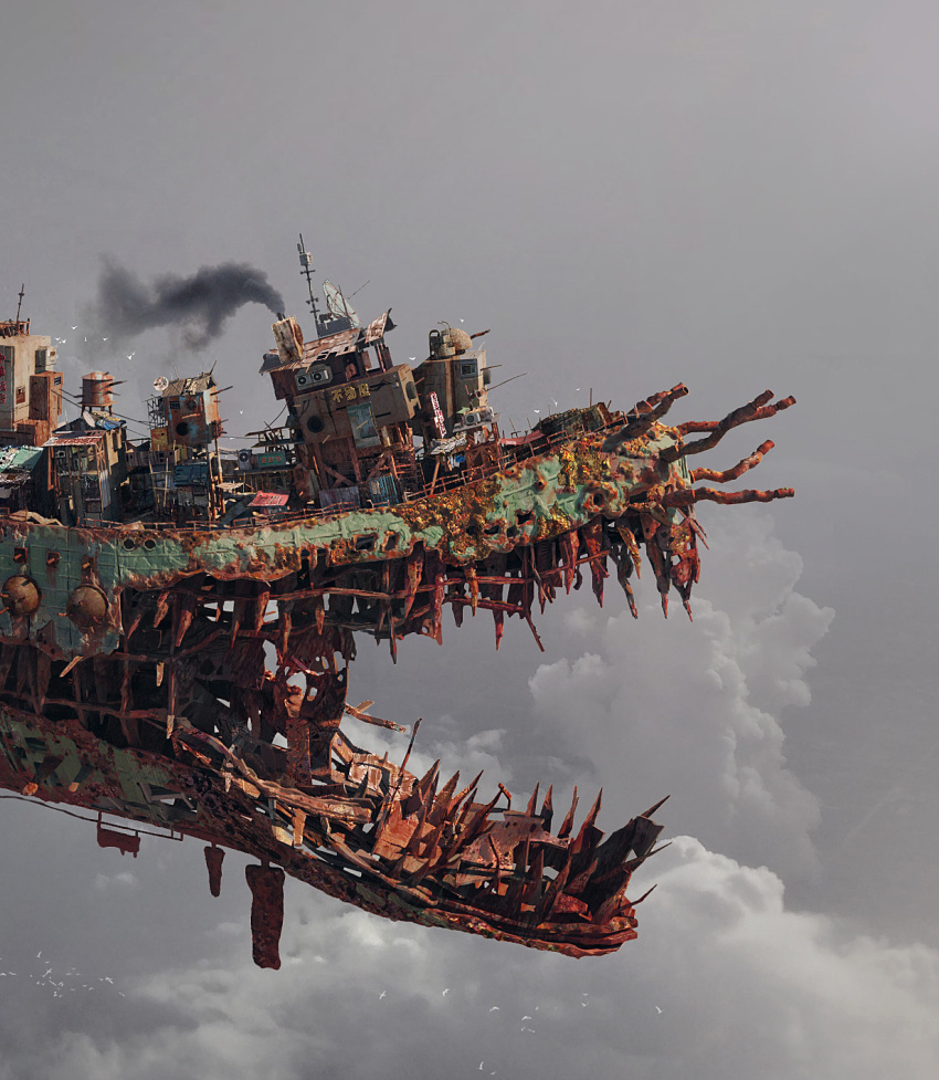 above_clouds air_conditioner aircraft airship bird building chenxi_kang corrugated_galvanised_iron_sheet damaged day english_commentary fangs fantasy flying highres no_humans open_mouth original outdoors pipes power_lines railing rust satellite_dish shack smoke smokestack teeth water_tower