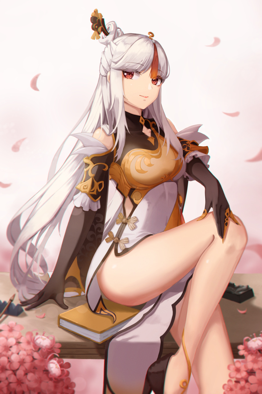 1girl absurdres bench black_gloves book breasts claw_ring dress elbow_gloves flower genshin_impact gloves hair_ornament hand_on_own_knee highres light_smile long_dress long_hair looking_at_viewer medium_breasts mrotan ningguang_(genshin_impact) on_bench petals red_eyes side_slit sitting smile solo tassel thighs two-tone_dress very_long_hair white_dress white_hair yellow_dress