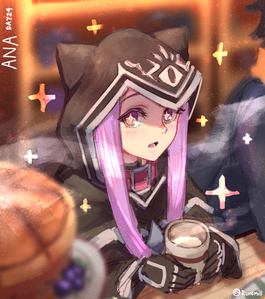 +_+ 1girl animal_hood belt_collar black_capelet black_gloves blurry blurry_background blurry_foreground capelet collar commentary cup depth_of_field english_commentary fate/grand_order fate_(series) food gloves highres holding holding_cup hood hood_up long_hair long_sleeves looking_at_viewer medusa_(fate) medusa_(lancer)_(fate) open_mouth pink_eyes pink_hair runemill sanpaku solo_focus sparkle twitter_username wide-eyed