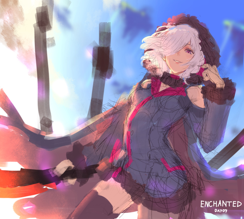 1girl absurdres blue_dress dress hair_over_one_eye hand_up highres holding hood hood_up huge_filesize long_sleeves looking_at_viewer one_eye_covered pink_eyes pink_hair runemill shadowverse shingeki_no_bahamut sketch smile solo standing wizardess_of_oz