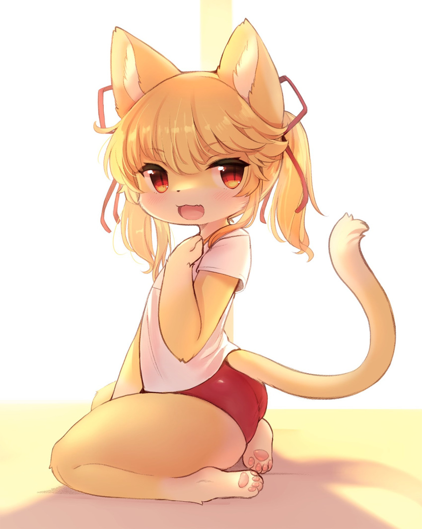 1girl animal_ear_fluff animal_ears animal_hands ass barefoot blonde_hair borrowed_character buruma cat_ears cat_girl cat_tail crunchobar feet from_side gym_uniform hand_on_own_chest highres legs long_hair looking_at_viewer open_mouth original red_buruma red_eyes ribbon shirt short_sleeves sitting smile solo tail thighs twintails white_shirt
