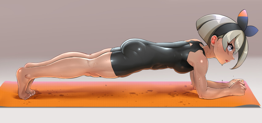 1girl dripping grey_hair looking_at_another planking pokemon pokemon_trainer push-ups sportswear sweat wet