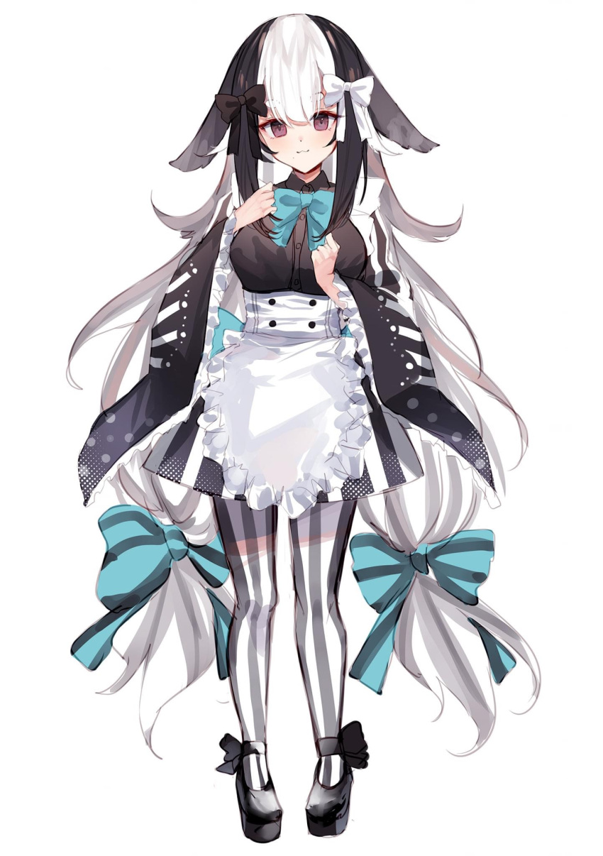 1girl :3 animal_ears apron bangs bikini black_bow black_footwear black_hair blue_bow bow bowtie breasts closed_mouth commentary_request eyebrows_visible_through_hair frilled_apron frilled_bikini frills full_body grey_hair hair_between_eyes hair_bow hands_up highres large_breasts long_hair long_sleeves looking_at_viewer low-tied_long_hair miyasaka_miyabi multicolored_hair original pantyhose platform_footwear rabbit_ears revision shoes short_eyebrows side_ponytail simple_background skirt solo standing striped striped_legwear striped_skirt swimsuit thick_eyebrows twintails vertical-striped_legwear vertical-striped_skirt vertical_stripes very_long_hair white_apron white_background white_bow white_hair wide_sleeves
