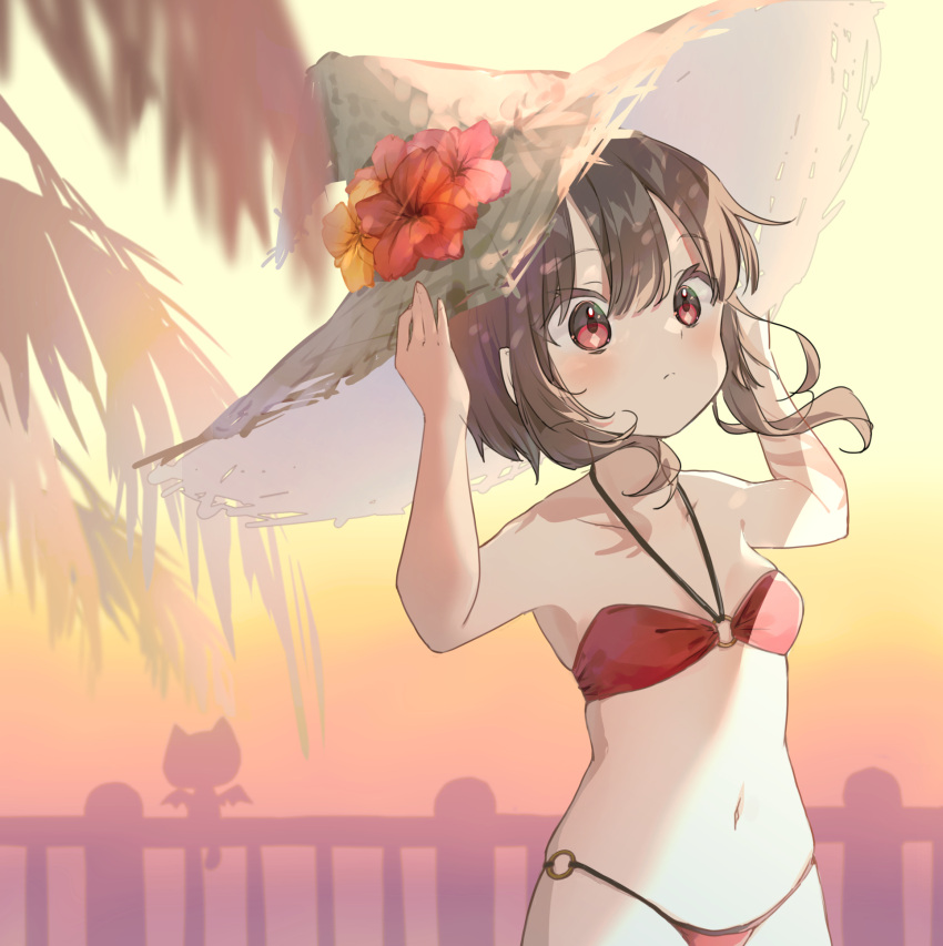 1girl bare_shoulders blush brown_hair hat highres kono_subarashii_sekai_ni_shukufuku_wo! megumin navel nut_megu red_eyes short_hair_with_long_locks solo straw_hat swimsuit