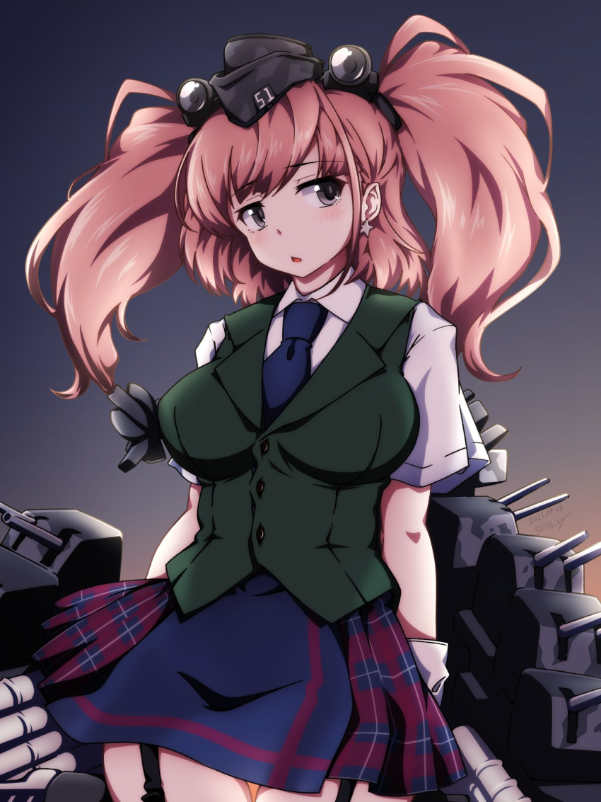 1girl 547th_sy anchor_hair_ornament arms_behind_back atlanta_(kancolle) bangs black_eyes black_headwear blue_neckwear breasts brown_hair cosplay dated earrings eyebrows_visible_through_hair garrison_cap garter_straps green_vest hair_ornament hat headgear highres jewelry kantai_collection large_breasts long_hair necktie parted_lips perth_(kancolle) perth_(kancolle)_(cosplay) plaid plaid_skirt rigging shirt short_sleeves simple_background single_earring skirt solo star_(symbol) star_earrings twitter_username two_side_up vest white_shirt