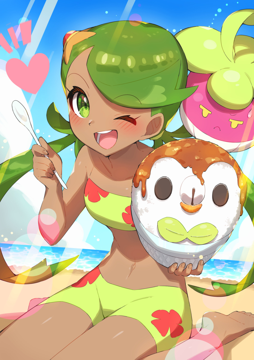 1girl ;d absurdres bangs barefoot bounsweet bowl clouds commentary_request dark-skinned_female dark_skin day eyelashes gen_7_pokemon green_eyes green_hair green_swimsuit heart highres holding holding_bowl holding_spoon long_hair mallow_(pokemon) navel one_eye_closed open_mouth outdoors pokemon pokemon_(anime) pokemon_(creature) pokemon_sm_(anime) rowlet sand shaved_ice shore sitting sky smile spoon swept_bangs swimsuit taisa_(lovemokunae) teeth themed_object toes tongue twintails water