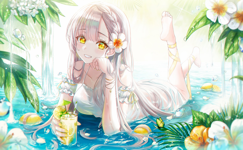 1girl bangs bare_shoulders barefoot bracelet braid breasts bug butterfly cocktail_umbrella collarbone cup dress drinking_straw fern flower food fruit hair_flower hair_ornament hand_on_own_cheek hand_on_own_face highres holding holding_cup jewelry large_breasts leg_up lemon lemon_slice long_hair looking_at_viewer lying on_stomach original outdoors pora_0918 ribbon silver_hair smile spaghetti_strap toes water water_drop wet wet_clothes white_dress yellow_eyes yellow_ribbon