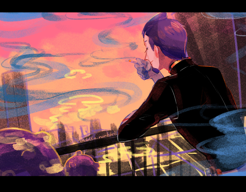 1boy against_fence black_jacket building cigarette cityscape closed_eyes closed_mouth commentary_request delta_nonbiri facial_hair fence gen_1_pokemon gloves holding holding_cigarette jacket leaning_forward male_focus outdoors petrel_(pokemon) pokemon pokemon_(game) pokemon_hgss purple_hair short_hair sky smile smoke smoking team_rocket weezing white_gloves