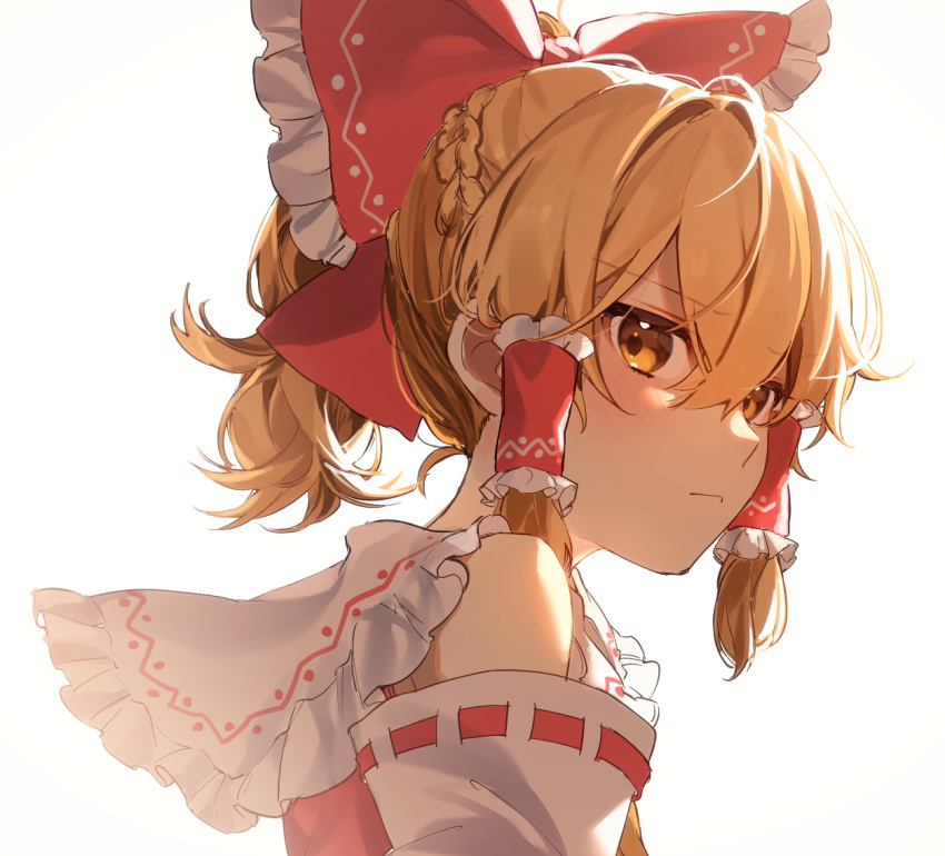 1girl alternate_hairstyle bangs bow braid closed_mouth cosplay detached_sleeves eyebrows_visible_through_hair from_side hair_between_eyes hair_bow hair_tubes hakurei_reimu hakurei_reimu_(cosplay) jill_07km kirisame_marisa looking_at_viewer ponytail red_bow ribbon-trimmed_sleeves ribbon_trim simple_background solo touhou upper_body white_background yellow_eyes