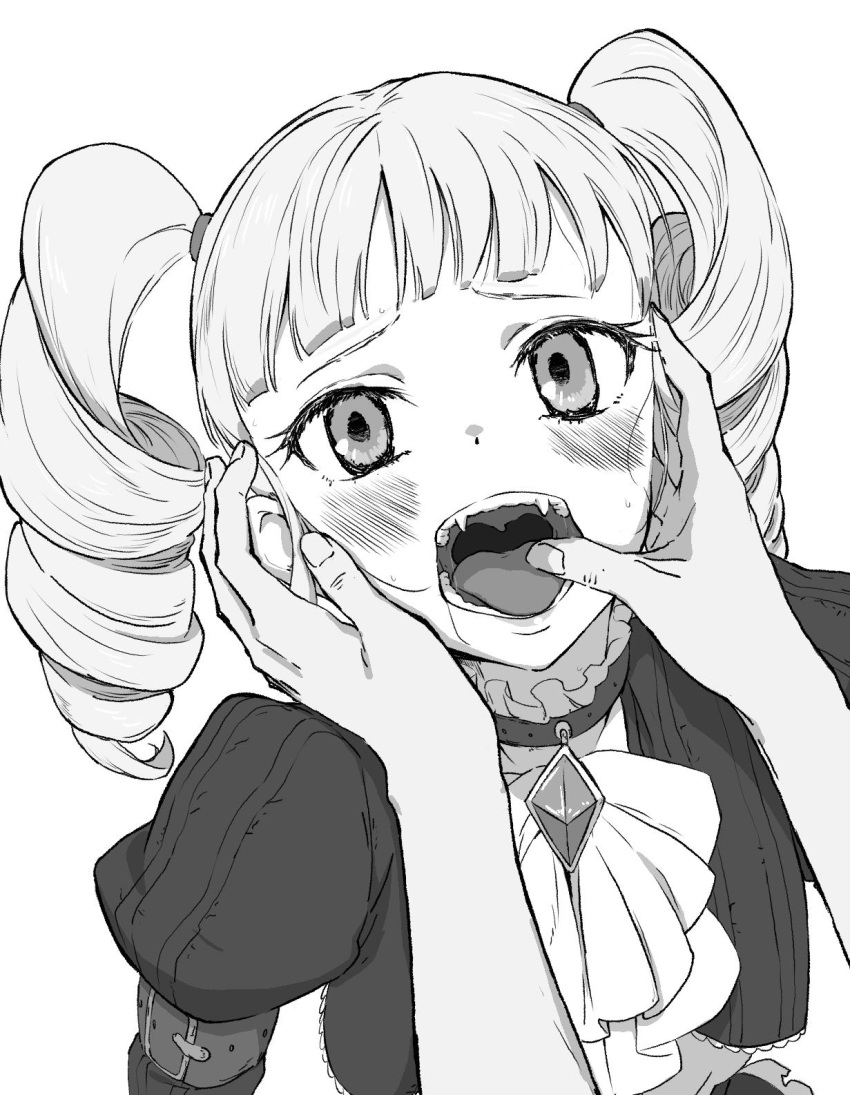 1girl 1other aikatsu! aikatsu!_(series) arm_belt bangs blunt_bangs blush bow bowtie brooch drill_hair finger_in_another's_mouth greyscale highres jewelry juliet_sleeves long_sleeves looking_at_viewer monochrome open_mouth osame pov pov_hands puffy_sleeves simple_background toudou_yurika twin_drills white_background
