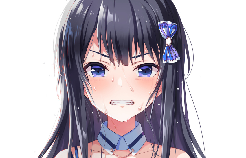 1girl bangs black_hair blue_bow blush bow clenched_teeth close-up collar collarbone cygames face flying_sweatdrops frown hair_bow highres idoly_pride long_hair looking_ahead looking_at_viewer nagase_kotono official_art sweat sweating_profusely teeth transparent_background violet_eyes