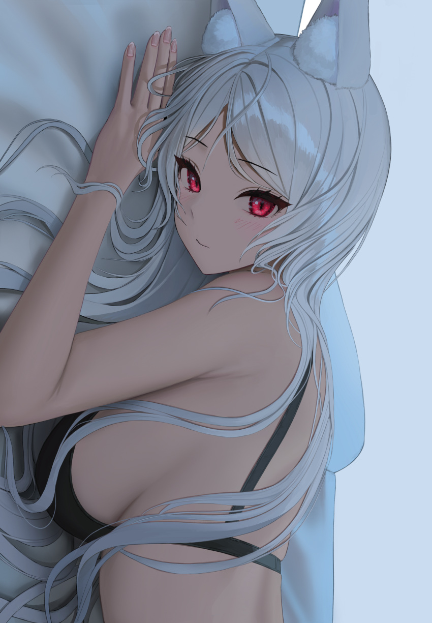 1girl animal_ear_fluff animal_ears black_bra blush bra breasts closed_mouth commentary commission eyebrows_visible_through_hair eyelashes highres large_breasts long_hair looking_at_viewer lying on_stomach original red_eyes silver_hair solo tokkihouse underwear upper_body
