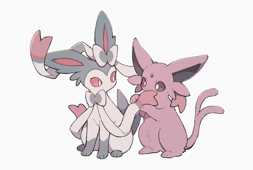 commentary_request espeon forked_tail gen_2_pokemon gen_6_pokemon highres looking_to_the_side nodori710 pokemon pokemon_(creature) purple_fur simple_background sitting sylveon tail toes violet_eyes white_background