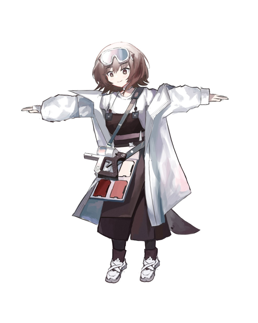 1girl arknights bangs brown_hair coat commentary_request eyebrows_visible_through_hair full_body genieko goggles goggles_on_head grey_eyes highres long_sleeves looking_at_viewer open_clothes open_coat roberta_(arknights) shoes short_hair simple_background smile solo standing t-pose white_background white_coat white_footwear