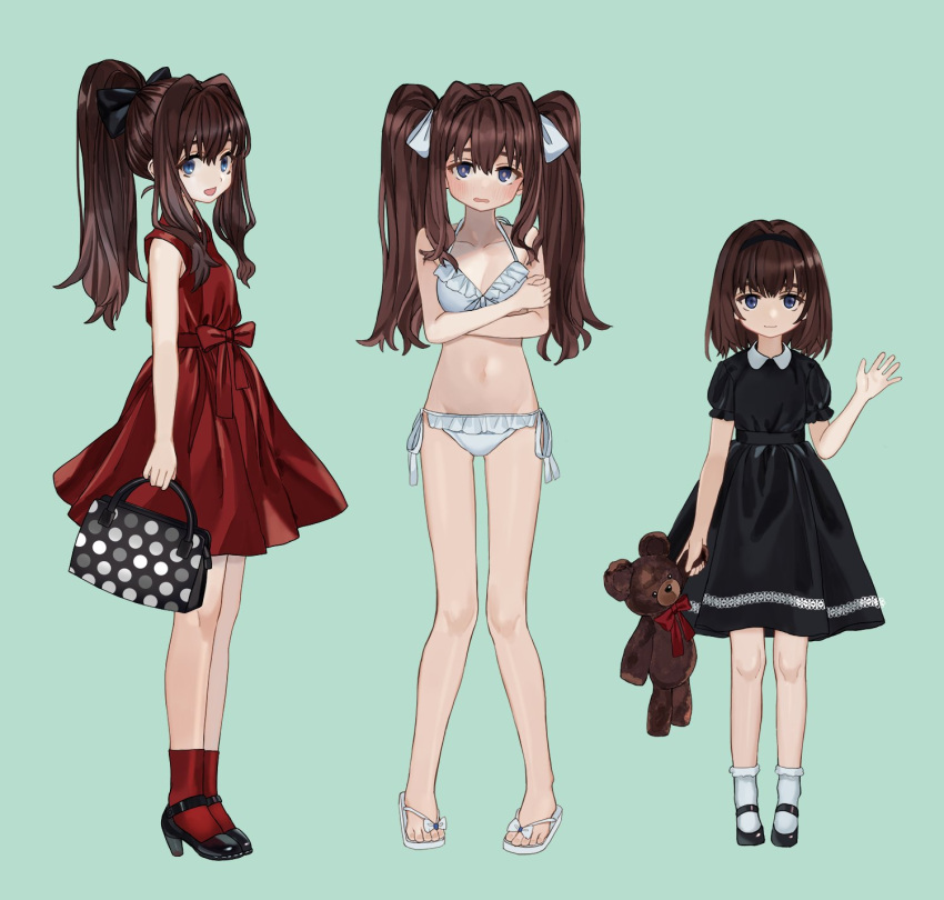 1girl :d bikini black_bow black_dress black_footwear black_hairband blue_eyes blush bow brown_hair child dress elisia_valfelto embarrassed frilled_bikini frills green_background hair_bow hair_intakes hairband hand_up high_heels highres holding holding_purse holding_stuffed_toy looking_at_viewer luicent medium_hair multiple_persona multiple_views open_mouth original pigeon-toed ponytail puffy_short_sleeves puffy_sleeves red_dress red_legwear sandals shoes short_sleeves side-tie_bikini sidelocks simple_background sleeveless sleeveless_dress smile socks stuffed_animal stuffed_toy swimsuit teddy_bear toes twintails waving white_bikini white_bow white_legwear
