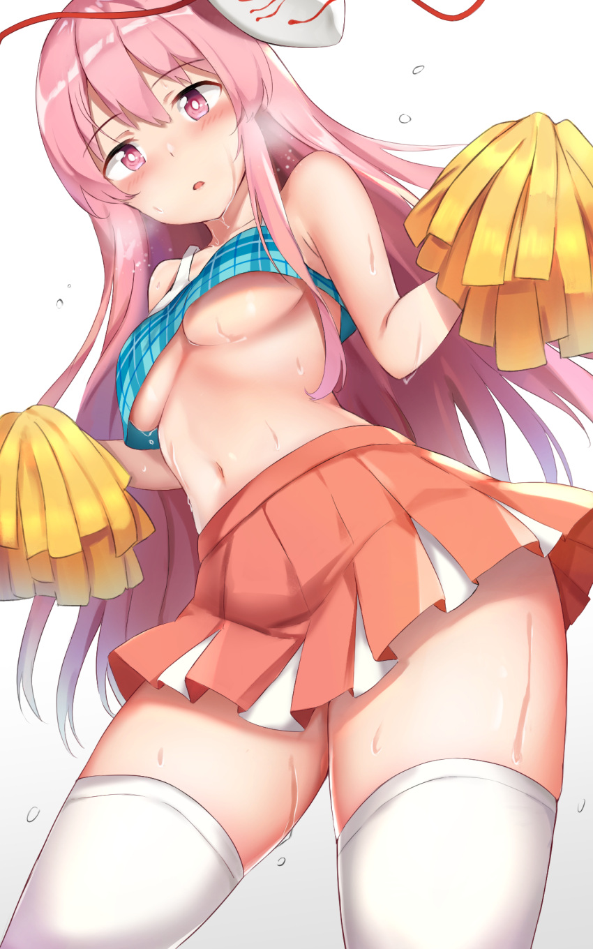 1girl adapted_costume bare_shoulders blue_shirt blush breasts cheerleader cowboy_shot crop_top fox_mask from_below hair_between_eyes hands_up hata_no_kokoro highres holding holding_pom_poms leaning_forward legs_apart long_hair looking_at_viewer looking_down mask mask_on_head medium_breasts midriff miniskirt nagomian navel no_bra open_mouth parted_lips pink_eyes pink_hair plaid plaid_shirt pleated_skirt pom_pom_(cheerleading) shirt simple_background skirt sleeveless solo standing stomach sweat thigh-highs thighs touhou under_boob very_long_hair white_legwear