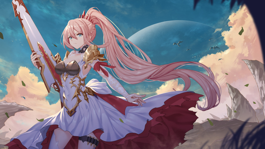 1girl absurdres bangs blue_eyes blue_sky braid breasts closed_mouth clouds commentary day dress eyebrows_visible_through_hair gunblade hair_between_eyes high_ponytail highres holding holding_weapon leaves_in_wind long_hair looking_at_viewer medium_breasts outdoors pink_hair planet ponytail roi_(liu_tian) shionne_(tales) sky solo tales_of_(series) tales_of_arise v-shaped_eyebrows very_long_hair weapon white_dress