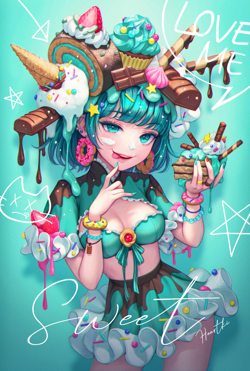 1girl :p absurdres bangs bead_bracelet beads blue_background blue_eyes blue_hair blue_skirt bracelet breasts cake candy chocolate chocolate_bar commentary_request cowboy_shot cream cream_on_face crop_top cupcake doughnut doughnut_earrings ear_piercing earrings eyebrows_visible_through_hair food food_on_face frilled_skirt frills fruit heartki highres holding holding_cake holding_food ice_cream jewelry looking_at_viewer medium_breasts midriff multicolored multicolored_nails nail_polish original parted_lips piercing short_hair short_sleeves signature skirt smile solo standing strawberry tongue tongue_out