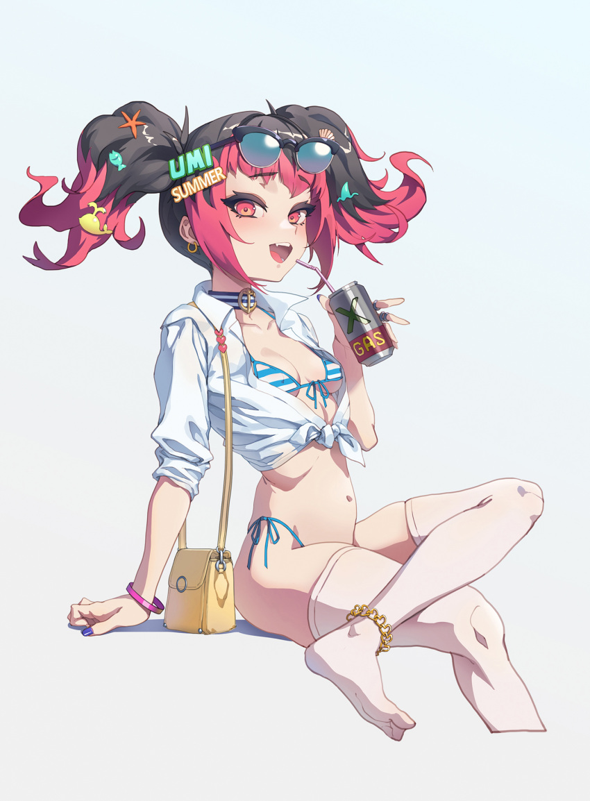 1girl anklet bag bikini bracelet can character_request drinking_straw earrings hair_ornament handbag highres jewelry leggings metal_slug_attack multicolored_hair nail_polish no_pants no_shoes open_clothes red_eyes sunglasses swimsuit twintails zzzearly