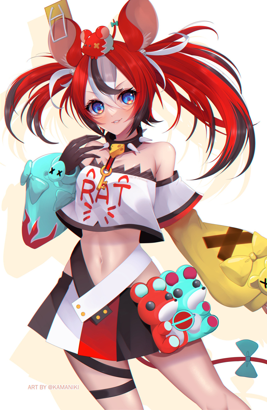 1girl animal_ears bow cheese collar dice_hair_ornament food hair_ornament hakos_baelz highres hololive hololive_english kamaniki mouse_ears mouse_girl mouse_on_head mouse_tail mousetrap mr._squeaks_(hakos_baelz) rat solo spiked_collar spikes tail tail_bow tail_ornament virtual_youtuber