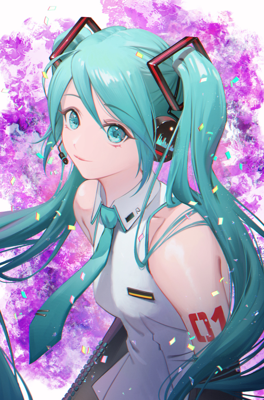 1girl absurdres arm_tattoo bangs black_sleeves blue_eyes blue_hair blue_neckwear character_name closed_mouth collarbone collared_shirt detached_sleeves eyebrows_visible_through_hair floating_hair hair_between_eyes hatsune_miku headphones headset highres long_hair long_sleeves microphone necktie seoyul shiny shiny_hair shirt sleeveless sleeveless_shirt solo tattoo twintails upper_body very_long_hair vocaloid white_shirt wing_collar